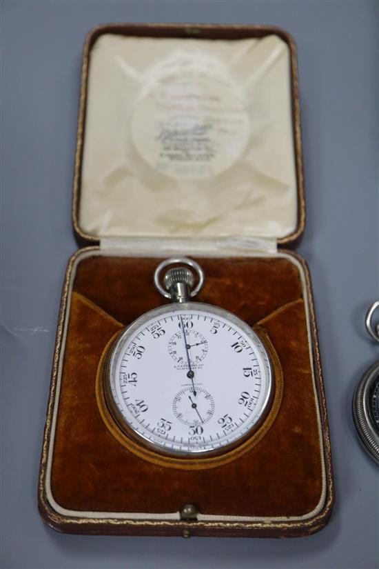 Five assorted pocket watches including military and three silver, a cased Bravingtons chronoscope and five other items.
